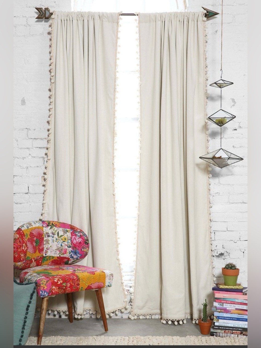 Urban Outfitters Pom Pom Blackout Curtains, Ivory, Set of 2 panels